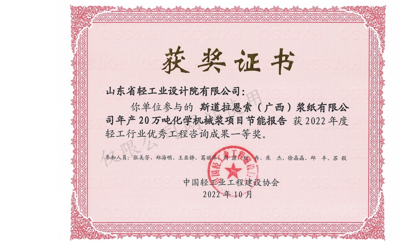 2022年輕工行業(yè)優(yōu)秀工程咨詢成果1等獎-斯道拉恩索（廣西）漿紙有限公司年產20萬噸化學機械漿項目節(jié)能報告2022